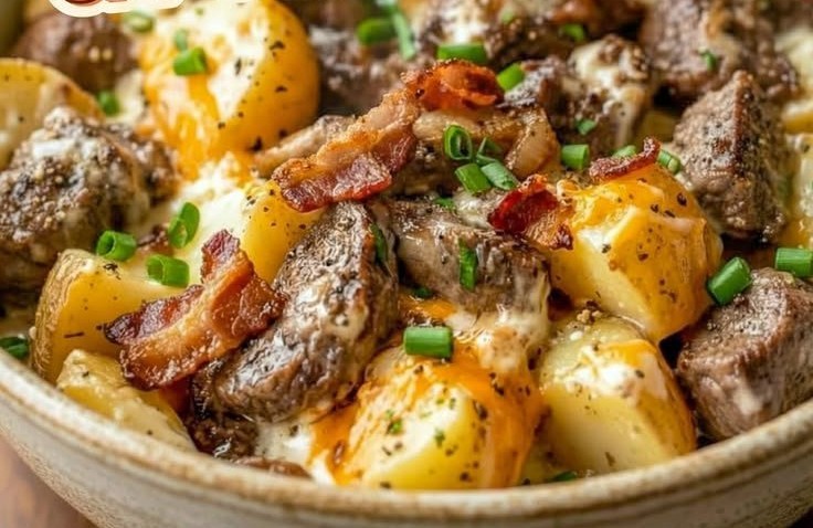 Crockpot Loaded Steak and Potato Bake