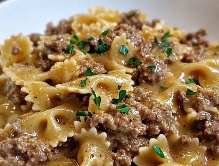 Creamy Parmesan Garlic Beef Bowtie Pasta