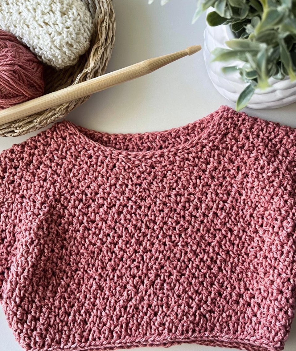 V-Stitch Crochet Crewneck Top