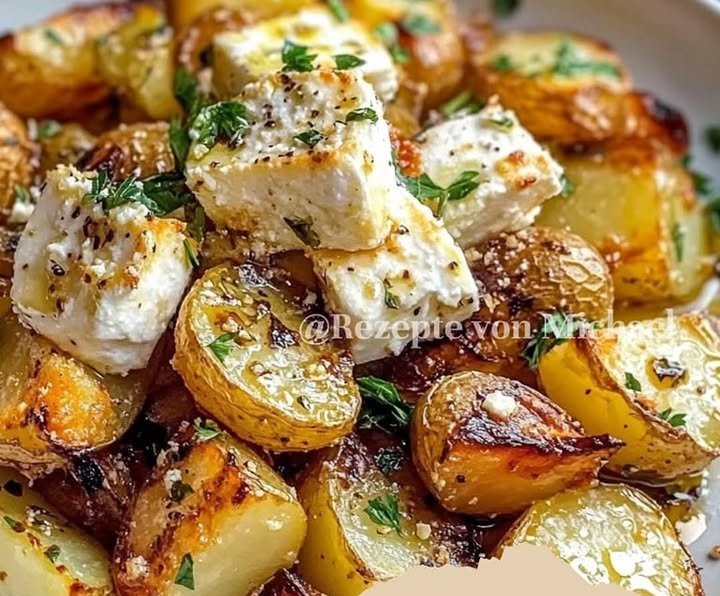 Geröstete Kartoffeln mit gebackenem Feta und Knoblauch