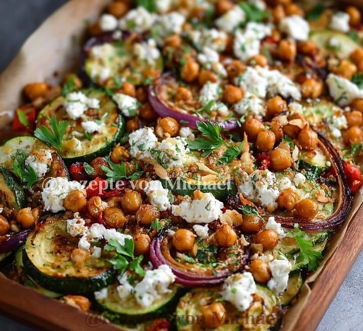 Zucchini-Kichererbsen-Blechgericht mit Feta