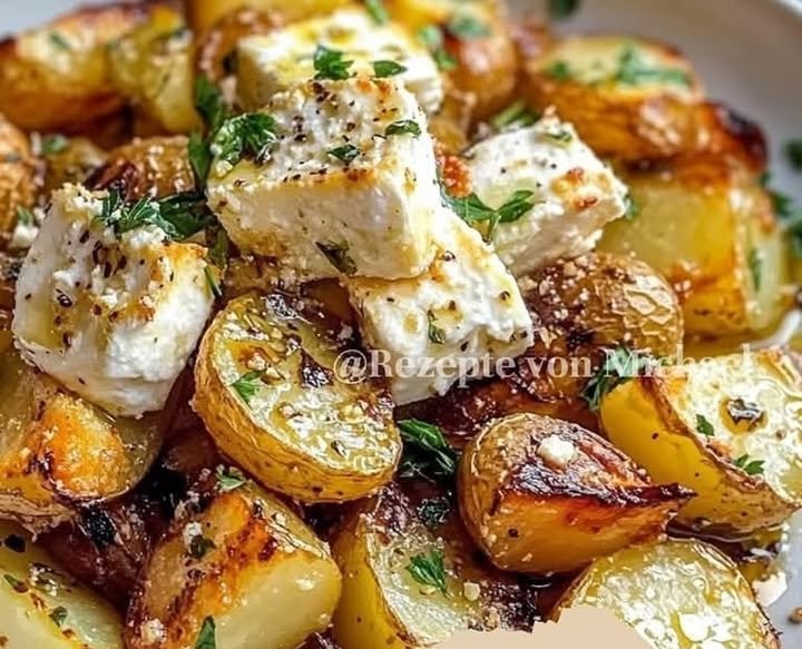 Geröstete Kartoffeln mit gebackenem Feta und Knoblauch