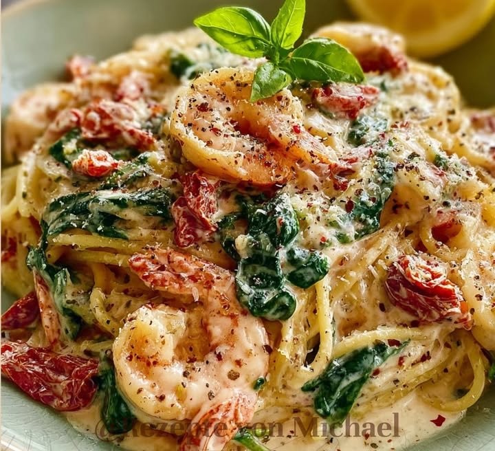 Cremige Garnelen mit getrockneten Tomaten und Spinatpasta