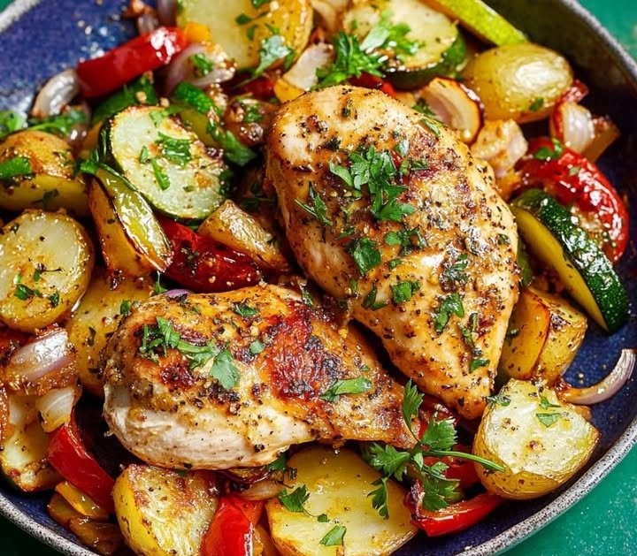 Blatt-Pfanne Hähnchen und Kartoffeln mit viel Gemüse