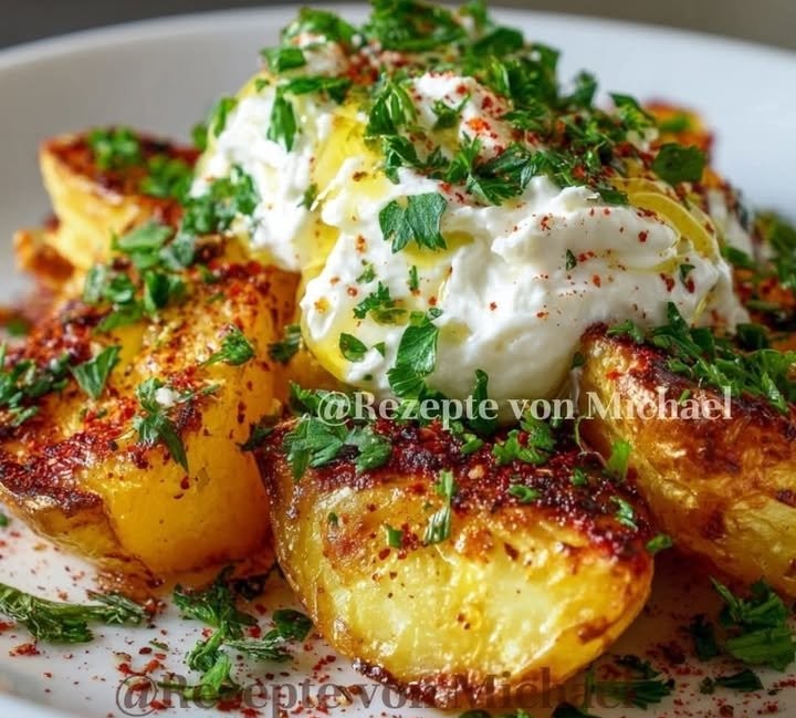 Griechische Ofenkartoffeln mit geschlagenem FetaZutaten
- 1 kg festkochende Kartoffeln
- 4 EL Olivenöl
- 2 TL getrockneter Oregano
- 1 TL Paprikapulver
- Salz und Pfeffer nach Geschmack...