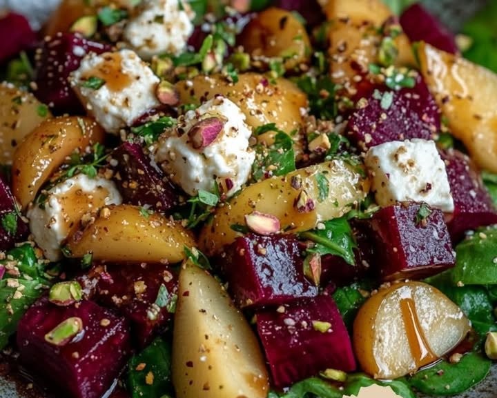 Rote-Bete-Salat mit karamellisierter Birne, Feta und Pistazien-CrunchZutaten:Für den Salat:2 mittelgroße Rote Bete, gekocht und in Würfel geschnitten
2 reife Birnen, in Spalten geschnitten
100...