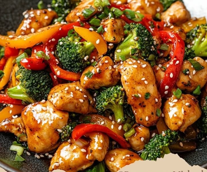 Hähnchen mit Gemüse in Honig-Soja-SauceZutaten- 500 g Hähnchenbrustfilet
- 2 EL Honig
- 4 EL Sojasauce
- 1 EL Sesamöl
- 1 rote Paprika, in Streifen geschnitten
- 1 gelbe Paprika, in Streifen g...