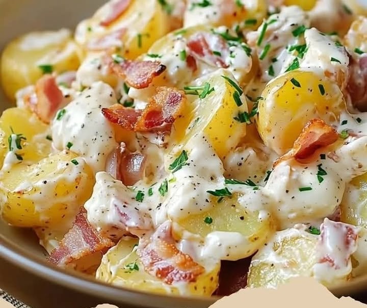 Steakhouse Kartoffelsalat – Ein herzhaftes Beilagenhighlight für Grillabende!Zutaten 📋- 1 kg festkochende Kartoffeln
- 200 g Speck (gewürfelt)
- 1 große Zwiebel (fein gehackt)
- 4 Frühlingszw...