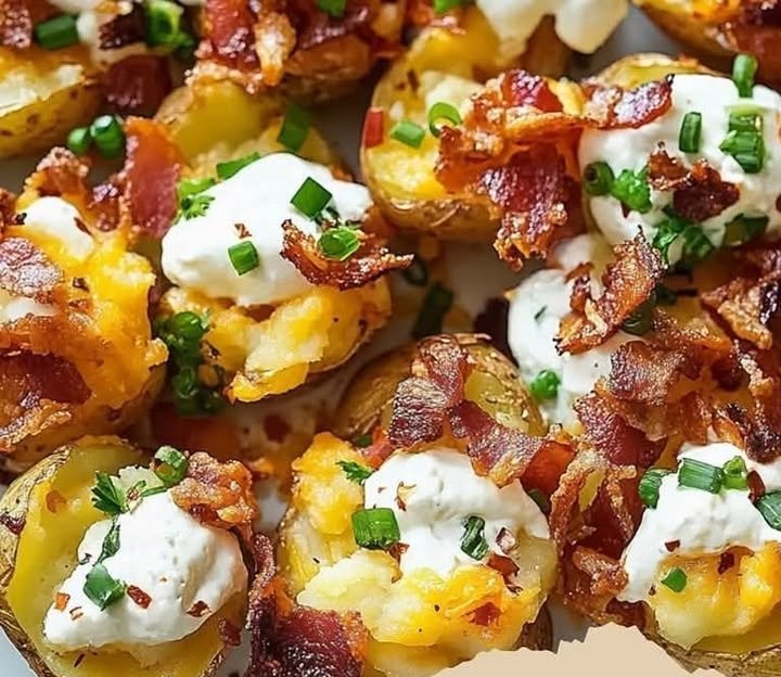 Crispy Smashed Loaded PotatoesZutaten 📋- 800 g kleine Kartoffeln
- 4 EL Olivenöl
- 150 g Speck (gewürfelt)
- 100 g Cheddar-Käse (gerieben)
- 100 g Sauerrahm
- 2 Frühlingszwiebeln (in Ringe ge...