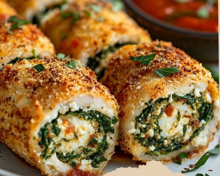 Spinat-Feta-HähnchenrollenZutaten
- 4 Hähnchenbrustfilets
- 200 g frischer Spinat
- 150 g Feta-Käse, zerbröselt
- 2 Knoblauchzehen, fein gehackt
- 1 Zwiebel, gewürfelt
- 2 EL Olivenöl
- 1 TL g...