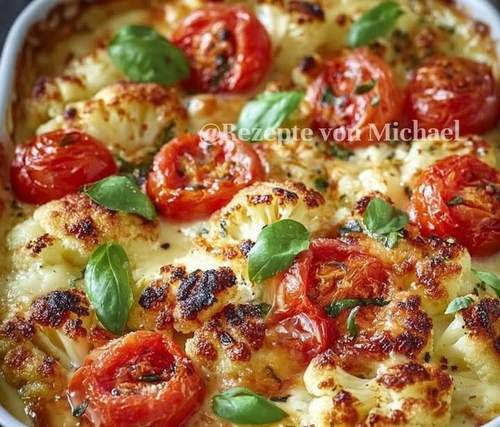 Cremiger gebackener Blumenkohl mit Mozzarella und TomatenZutaten
1 großer Blumenkohl, in Röschen zerteilt
200 g Mozzarella, gewürfelt
400 g Kirschtomaten, halbiert
200 ml Sahne
2 EL Oliv...