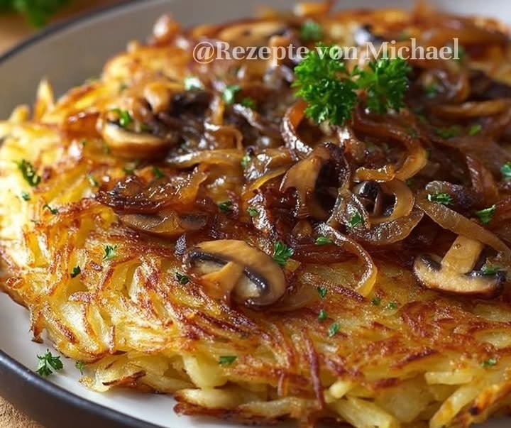 Rösti mit karamellisierten Zwiebeln und sautierten ChampignonsZutaten
- 500 g festkochende Kartoffeln
- 2 große Zwiebeln
- 250 g Champignons
- 3 EL Butter
- 2 EL Olivenöl
- Salz und Pf...