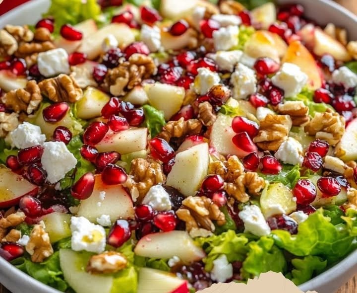 Festlicher Apfel-Granatapfel-Nuss-SalatZutaten:2 rote Äpfel, in Würfel geschnitten
1 Tasse Granatapfelkerne
1/2 Tasse Walnüsse, leicht geröstet
100 g Feta-Käse, zerbröselt
1 Beutel Salatmisc...