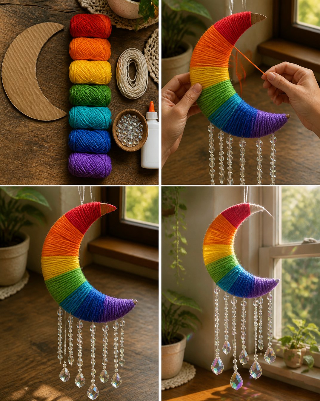 Rainbow Yarn Wrapped Moon Mobile DIY 2 Rainbow Yarn Wrapped Moon Mobile