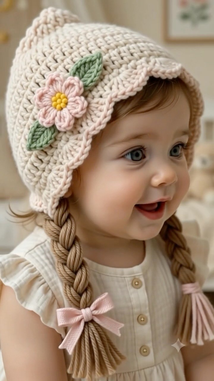 Crochet bonnet with tiny flowers and braided scalloped edges