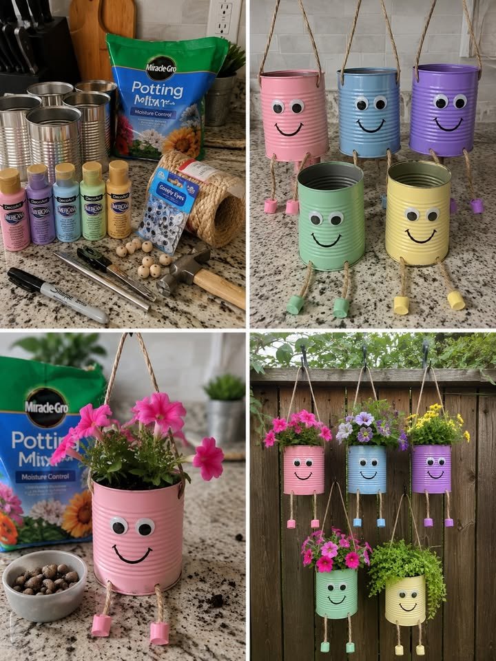 DIY Smiling Tin Can Hanging Planters