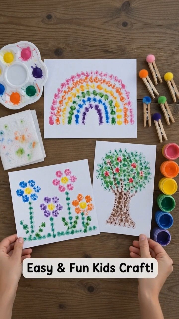 Verwandle gewöhnliche Wäscheklammern in lustige Malstempel, die bunte Muster und verspielte Kunstwerke für Kinder und Familien kreieren.