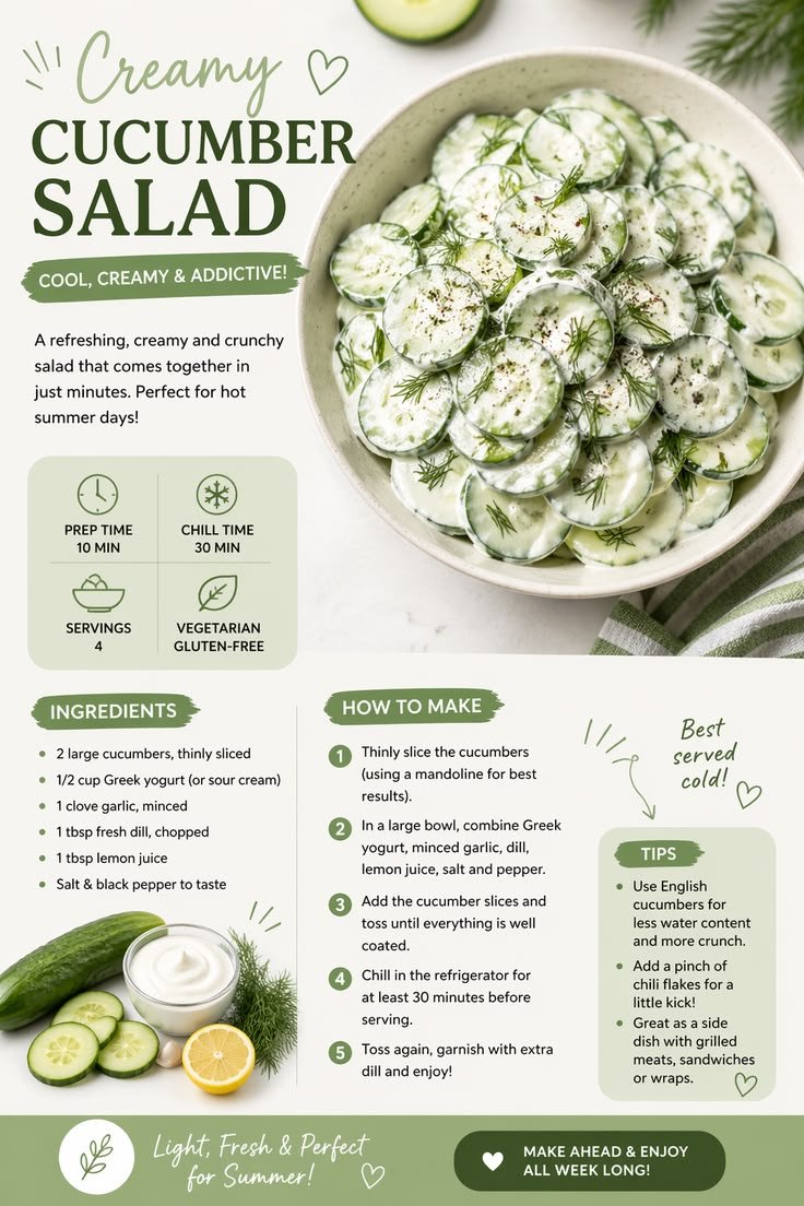Cucumber Salad Recipe for 25 People | Cucumber Salad with Greek Dressing and Dill and Mint, Cucumber Salad with Dill and Lemon, Green Food Menu