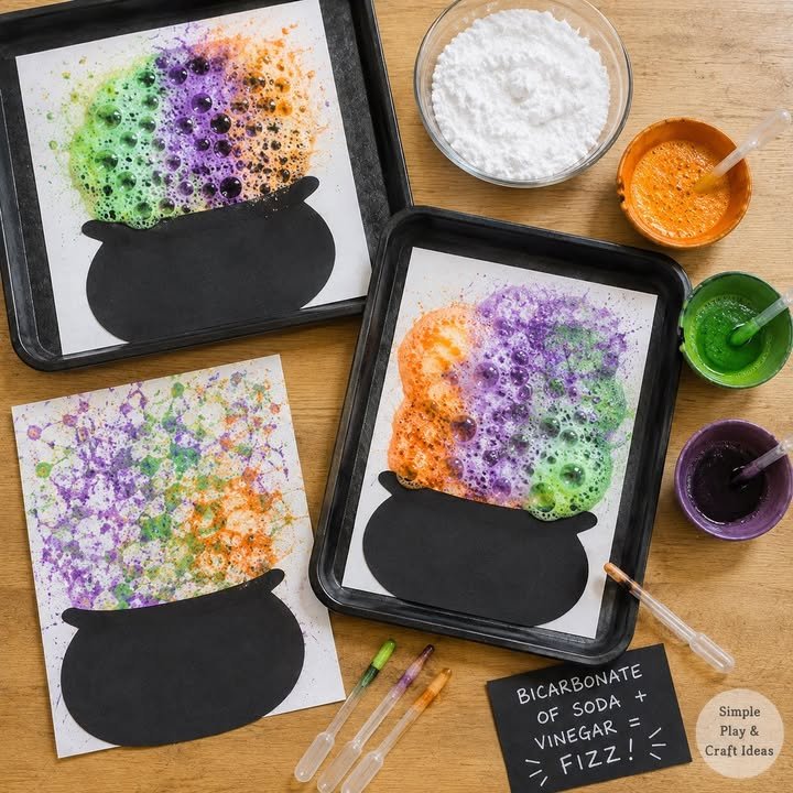 🧪🎃 Fizzing Halloween Cauldrons!

Place a paper cauldron in a tray, sprinkle bicarbonate of soda above it, then use droppers to add vinegar mixed with washable colouring. Watch your magical potion fi...