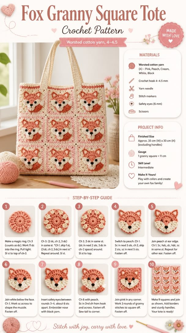 Fox Granny Square Tote Crochet Pattern