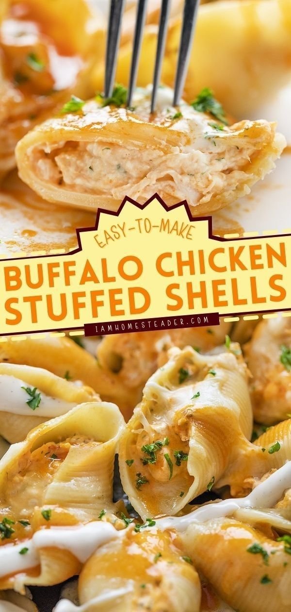 Buffalo Chicken Stuffed Shells Recipe | Buffalo Sauce Dinner Ideas, Buffalo Chicken Dip Stuffed Shells, Creamy Buffalo Chicken Stuffed Shells