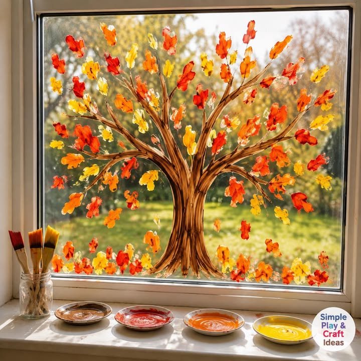 Turn a sunny window into a beautiful autumn masterpiece! 🍂🎨 Use washable window paints to add a simple brown tree trunk and branches, then dab on lots of red, orange and yellow leaves. Keep the brus...