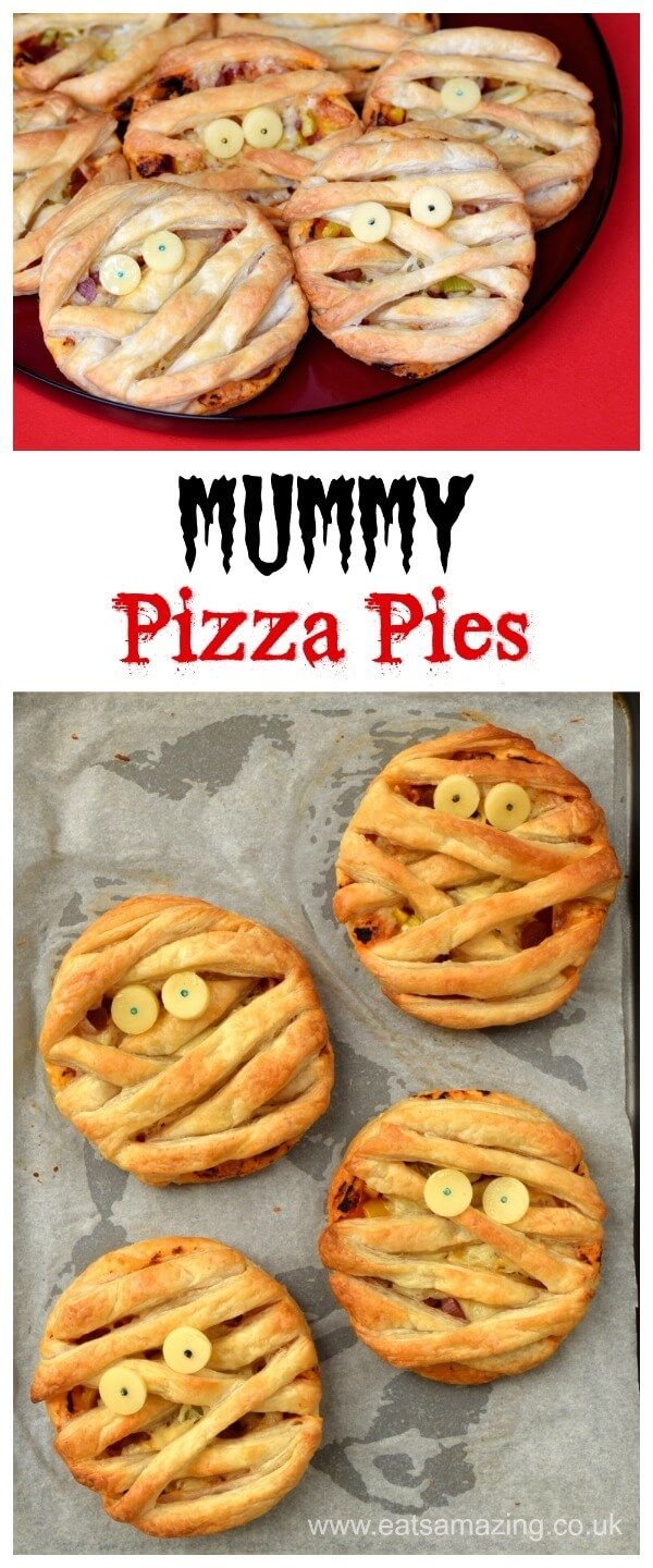 Easy Mummy Puff Pastry Pizza Pies recipe - fun Halloween food for kids - perfect for party food - Eats Amazing UK | Easy halloween food for party savoury, Halloween baking savoury, Mummy pies halloween