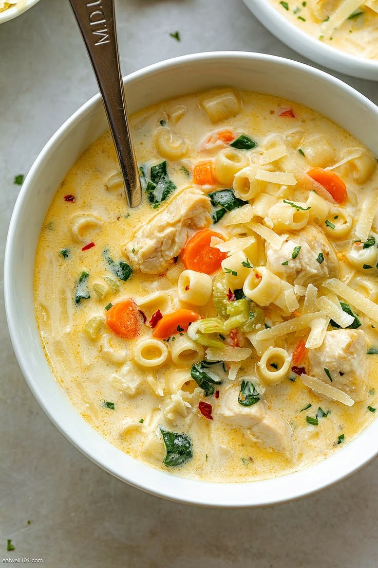Creamy Chicken Pasta Soup Recipe with carrot and Spinach – Best Chicken Soup Recipe | Creamy chicken pasta soup recipes, Creamy pasta soup with cheese, Chicken noodle soup