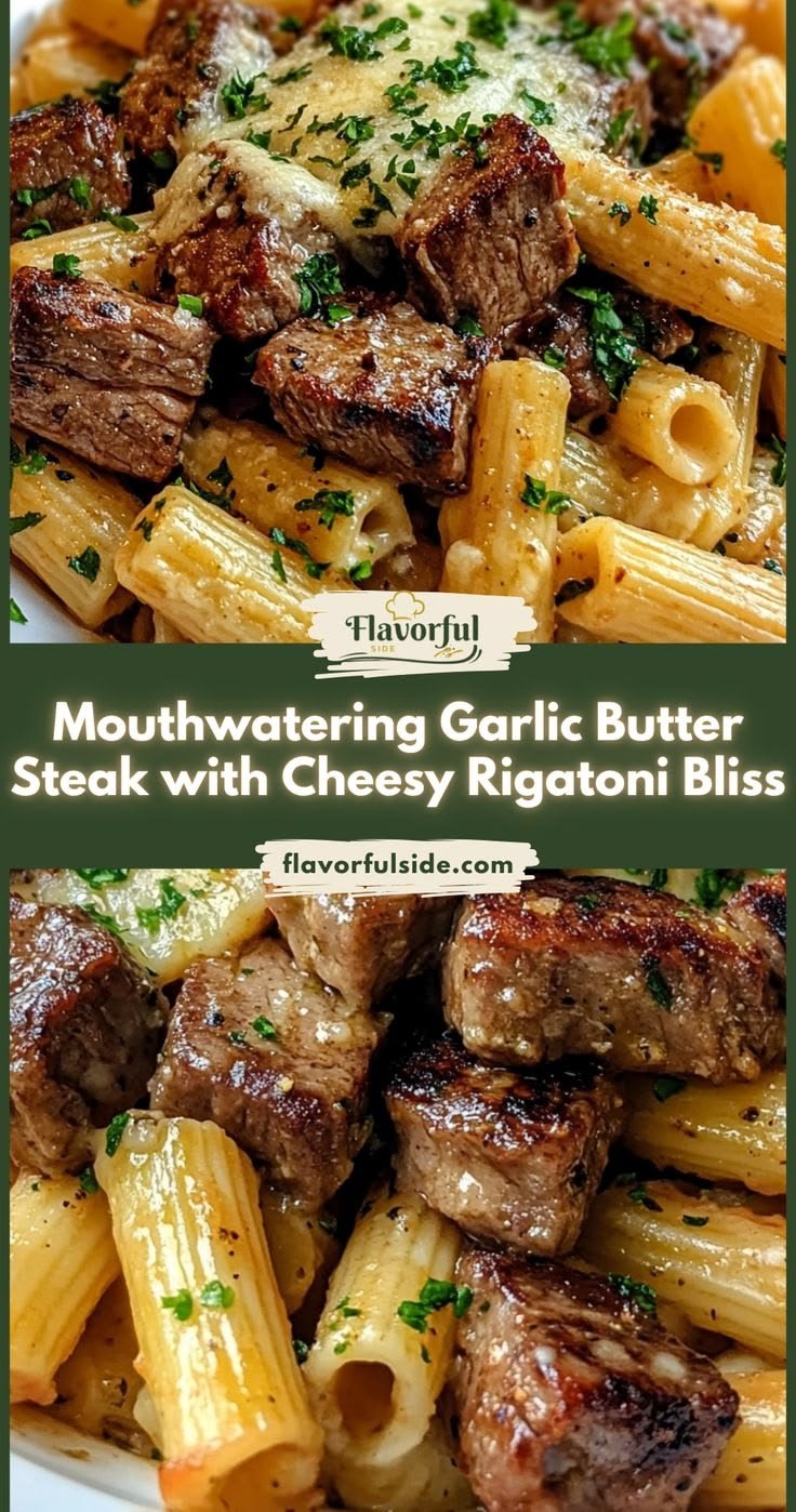 Garlic Butter Steak Tips with Cheesy Rigatoni