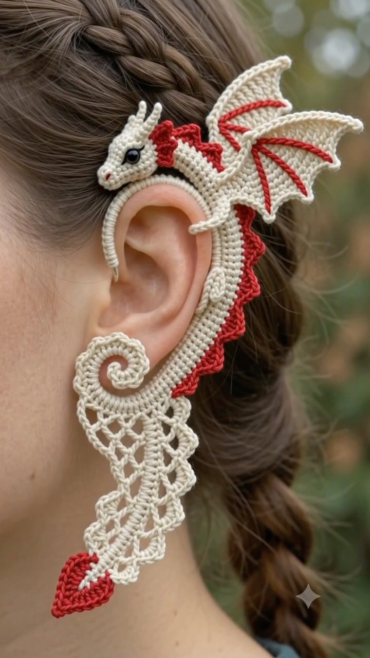 Where fantasy meets digital art! ✨🐍 This intricate dragon ear cuff was brought to life entirely through AI, blending the warmth of cream and striking red details. Would you wear something like this...
