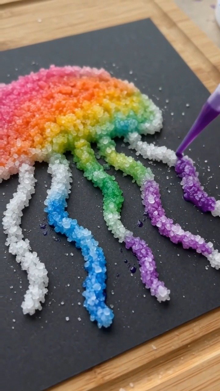 Bunter Salz verleiht einer fröhlichen Qualle mit fließenden Tentakeln und Unterwasser-Feeling Textur und Regenbogenstreifen.