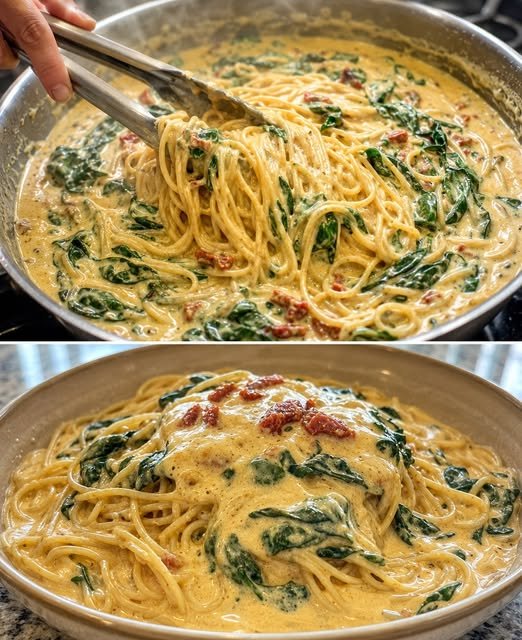Spaghetti mit Spinat und Frischkäse