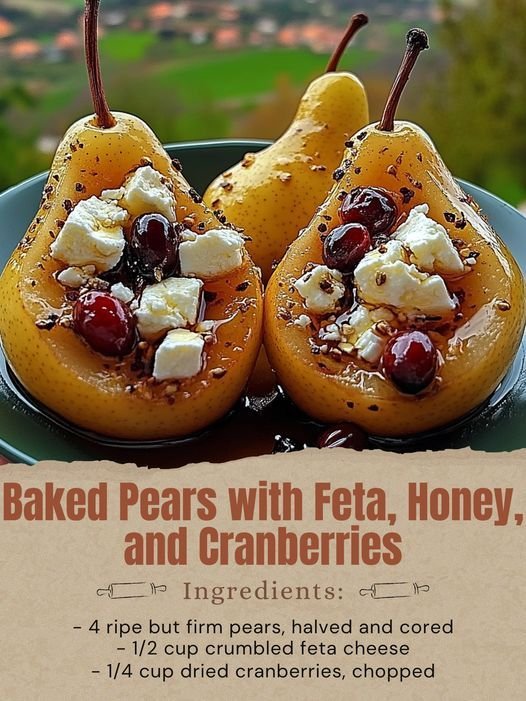 Baked Pears with Feta, Honey, and Cranberries