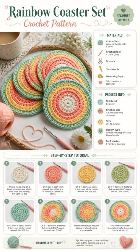 Rainbow Coaster Set Crochet Pattern