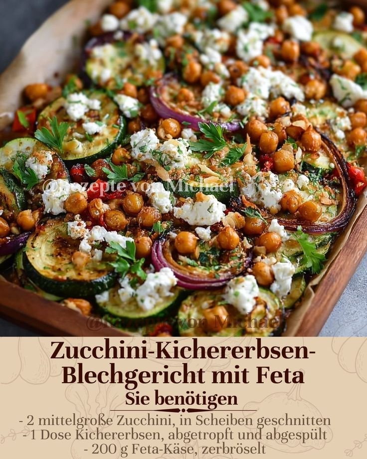 Köstliche - Zucchini-Kichererbsen-Blechgericht mit Feta  Zutaten   - 2 mittelgroße Zucchini, in Scheiben geschnitten   -… | Salat, Lækker mad, Vegetaropskrifter