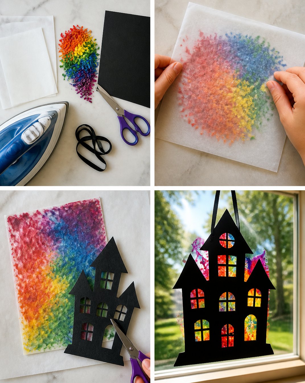 Melted Crayon Rainbow Haunted House Suncatcher