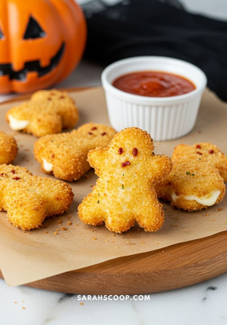 50 Best Halloween Themed Appetizers | Halloween mozzarella cheese sticks with red pepper flakes, Halloween party finger food, Halloween appetizers red pepper