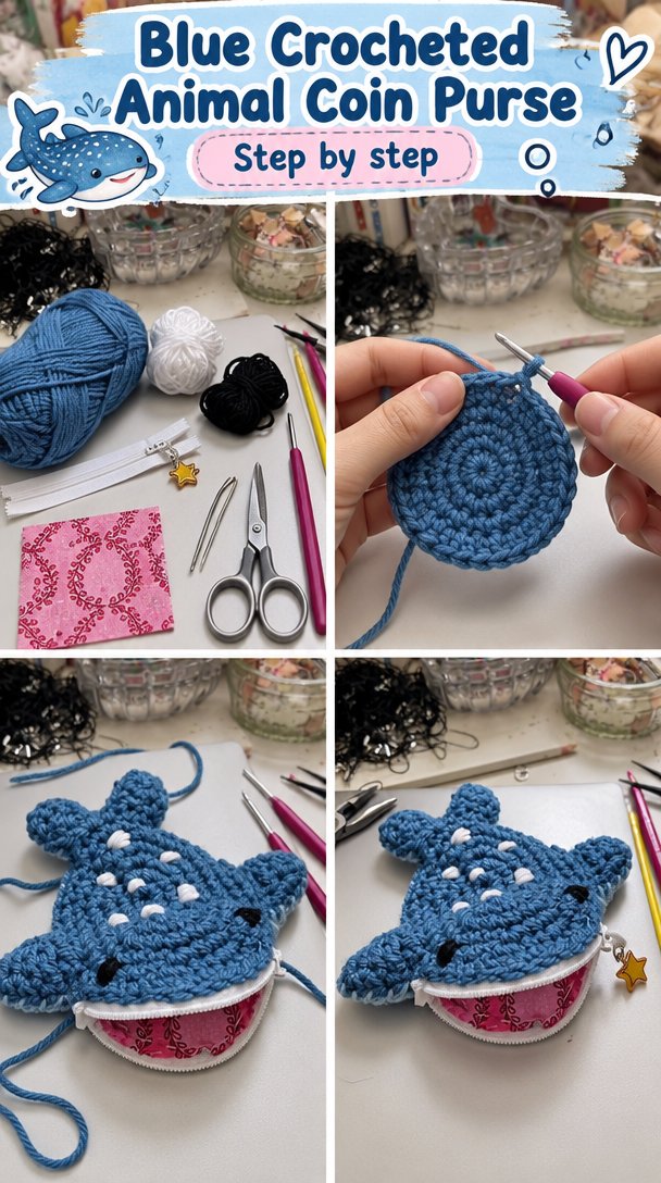 Blue Crochet Animal Coin Purse 5 Blue Crocheted Animal Coin Purse