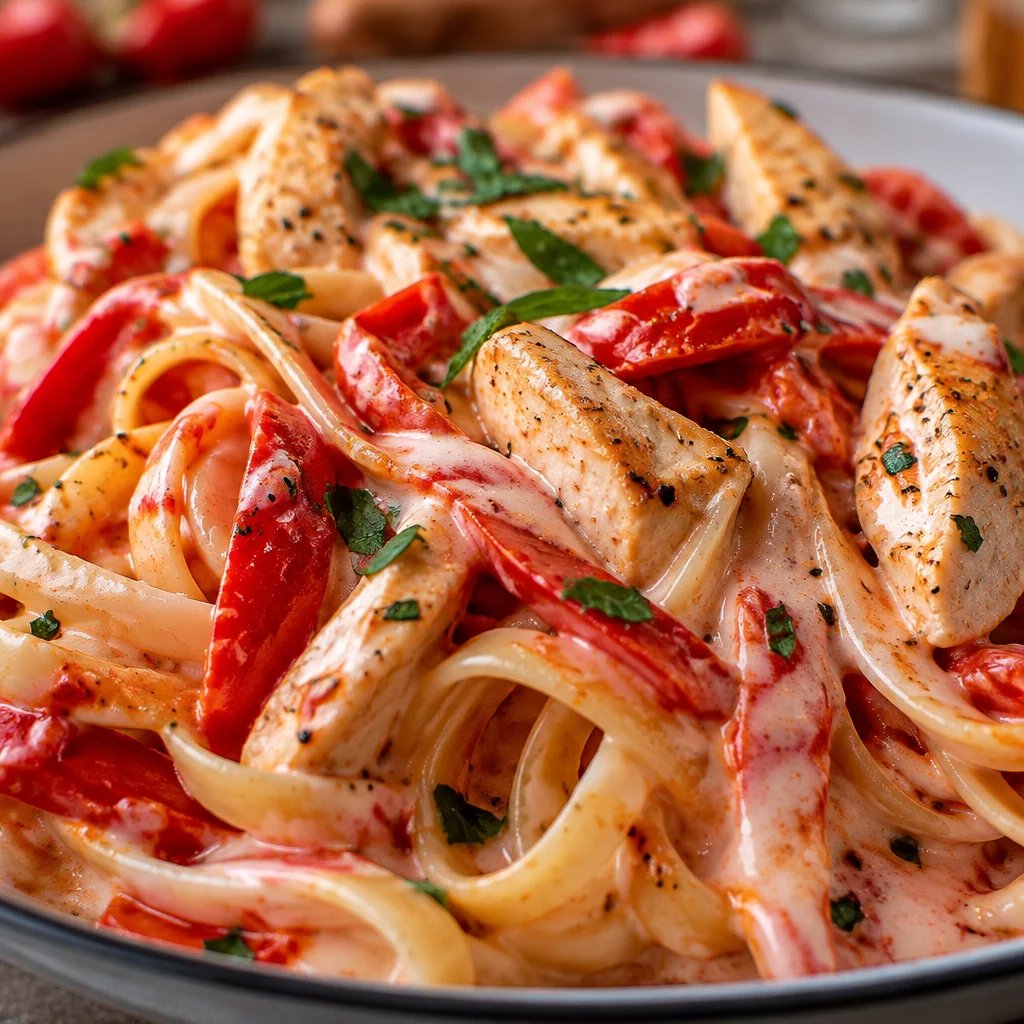 Delicious Candy Cane Chicken Pasta with red and white sauce