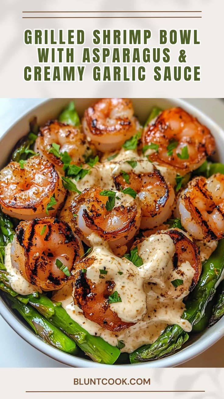 Grilled Shrimp Bowl with Asparagus and Creamy Garlic Sauce