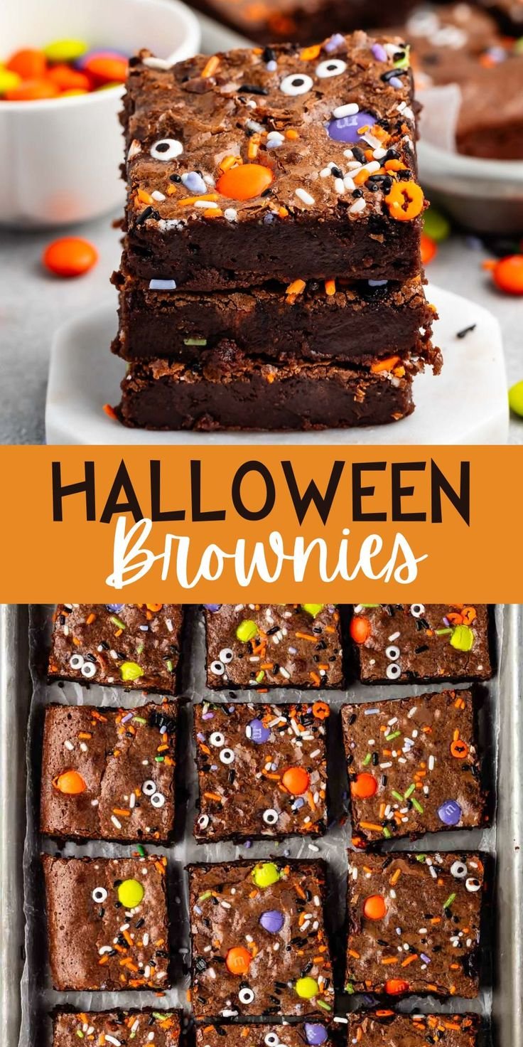 Fun Halloween Brownies are the BEST fudgy brownie recipe topped with Halloween candy and sprinkles - spooky brownies are… | Halloween dessert for a crowd, Brownie recipes halloween, Halloween brownies ideas