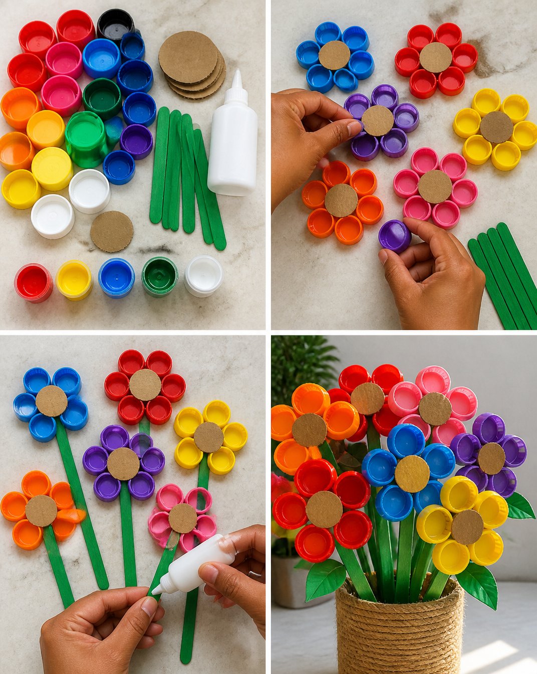 DIY Rainbow Flowers Using Recycled Bottle Caps 21 DIY Rainbow Flowers from Recycled Bottle Caps