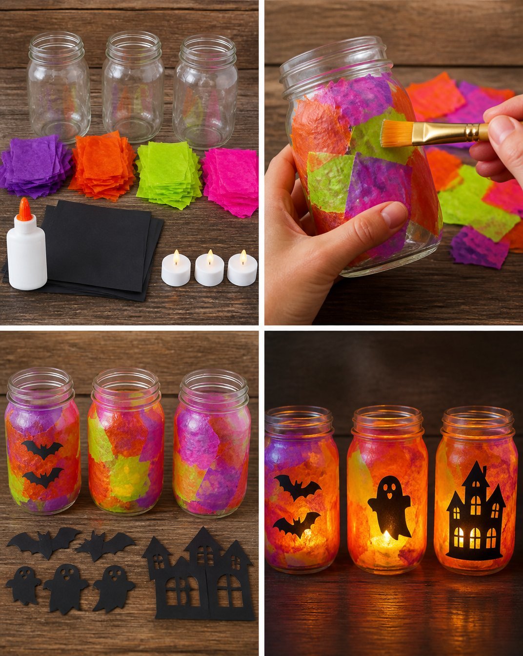 Colorful Haunted Mason Jar Lanterns for Halloween Decor 23 Rainbow Haunted Mason Jar Lanterns