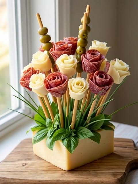 8.8K views · 75 reactions | Bouquet de roses fromage et saucisson

Ingredients (pour 8-10 personnes) :

- 300 g de sauci… | Cheese and meat flower bouquet, Cocktail party appetizers, Veggie display
