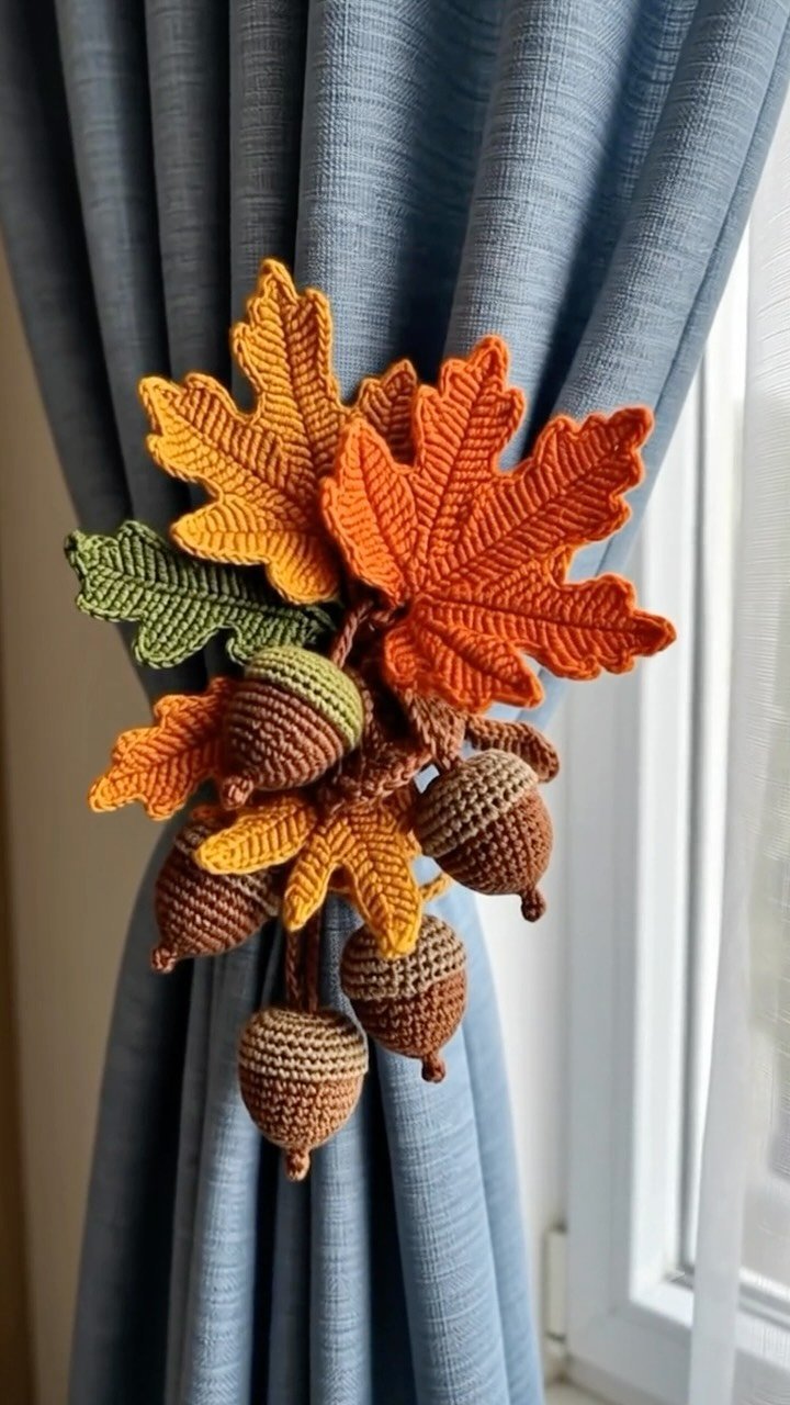 Crochet autumn decor: handmade maple leaves and acorns