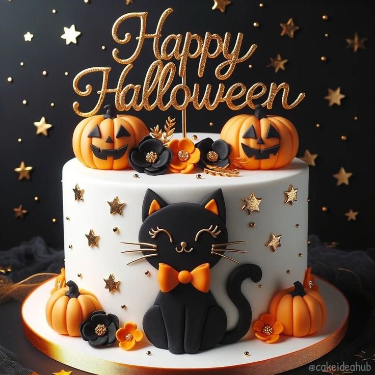 Whimsical Halloween Cake with Golden Pumpkin Figurines and Black Cat | Cat and pumpkin cake, Halloween cake decorating ideas easy, Halloween cake decorating with cat