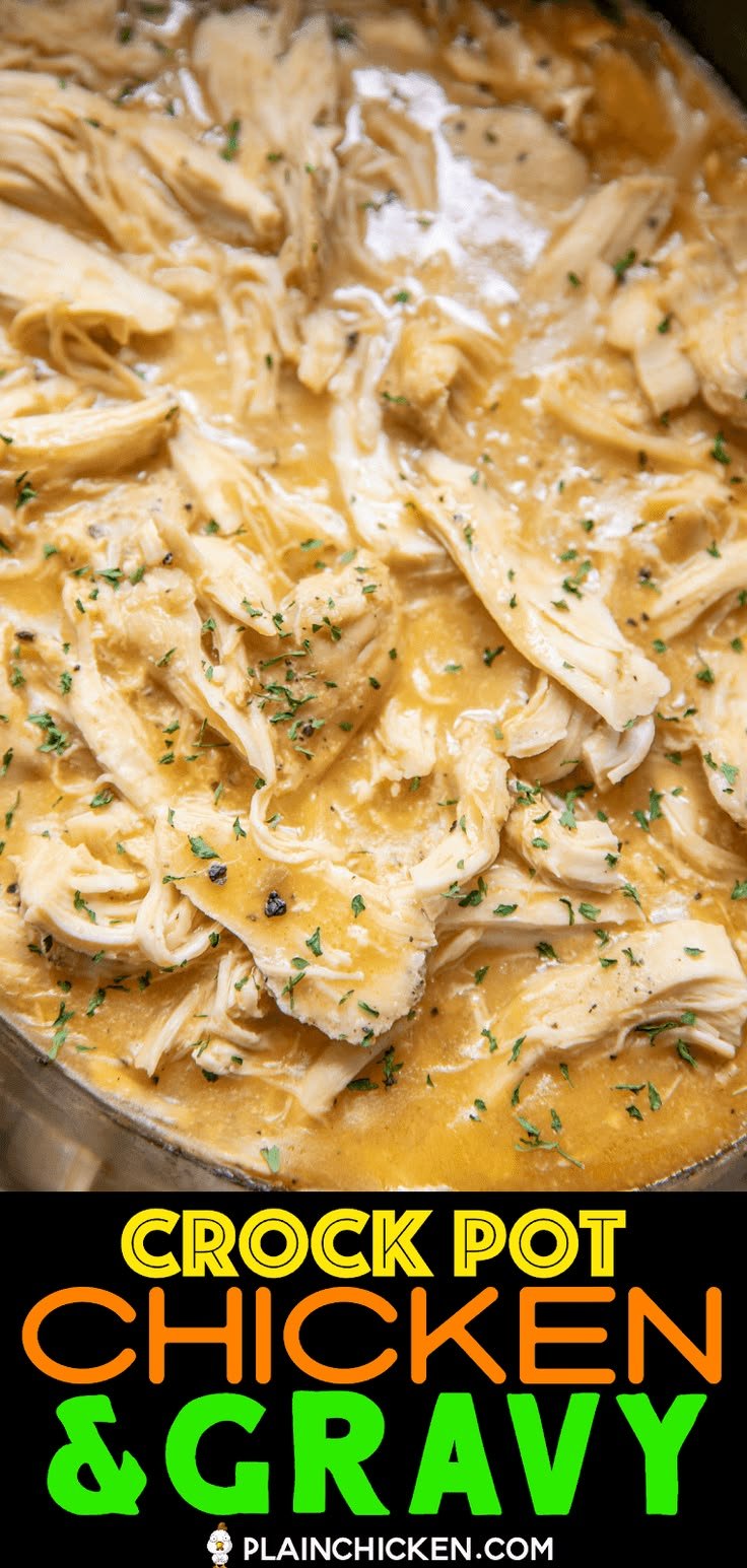 Slow Cooker Chicken &amp; Gravy - only 3 ingredients!! Such a great weeknight meal! Just dump everything in the crockpot… | Shredded chicken with gravy crock pot, How to make creamy chicken in crock pot, Shredded chicken and gravy crockpot