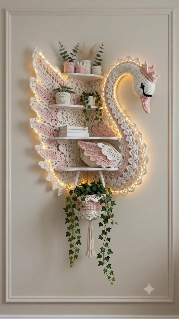 Crochet Swan Shelf: Cozy Wall Decor with Delicate Wings