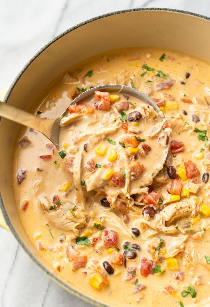 Chicken Taco Soup Recipe with Rotel Tomato Cream Cheese Broth | Fiesta chicken chili, Cheesy chicken chili crockpot, Ranch chicken chili crockpot