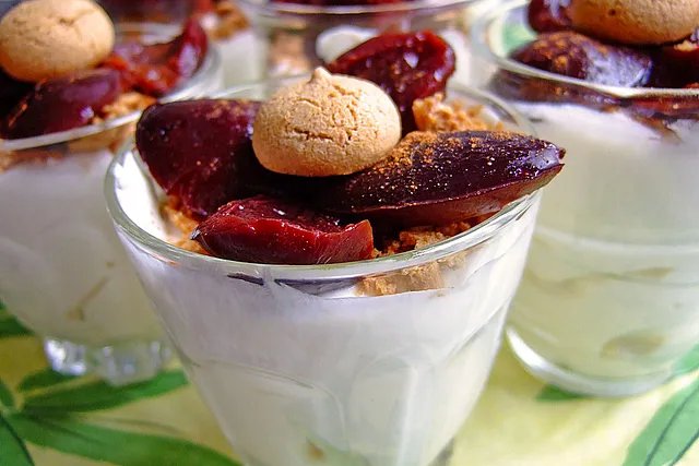 Amaretto Mousse with Cinnamon Plums